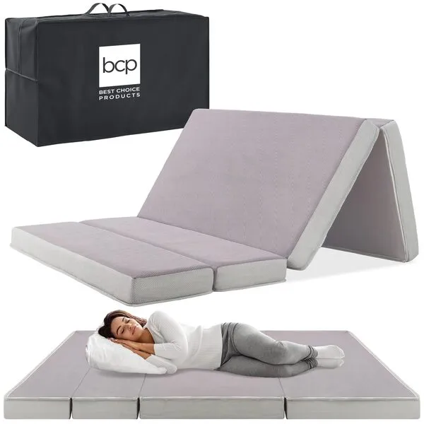 Best Choice Products 4in Portable Full-Size Mattress, Folding Mattress Topper for Camping, Guest, Toddler, Foam Plush w/Carry Case - Gray