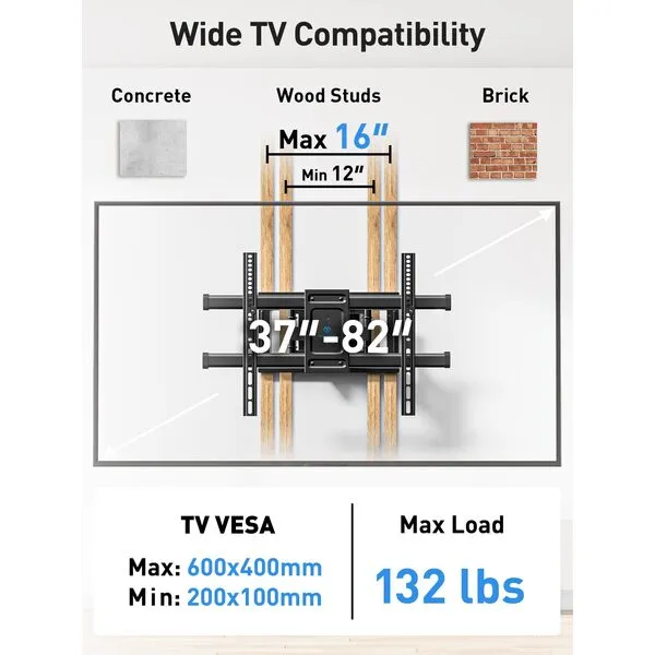 PERLESMITH Full Motion TV Wall Mount for 37-82 inch TVs up to 132 lbs, Max VESA 600x400mm, TV Bracket with Dual Articulating Arms, Tilt, Swivel, Extension, 16