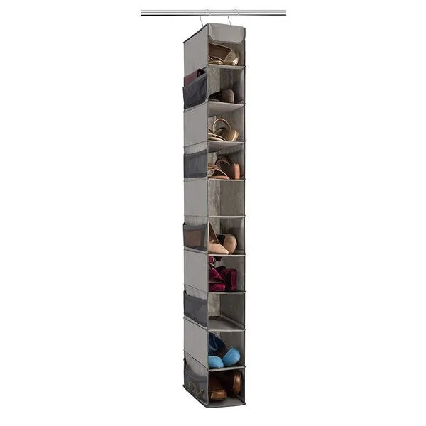ZOBER Hanging Shoe Organizer for Closet, 10 Shelves - Hanging Shoe Rack W/ Side Pockets - Narrow, Space Saving, Durable