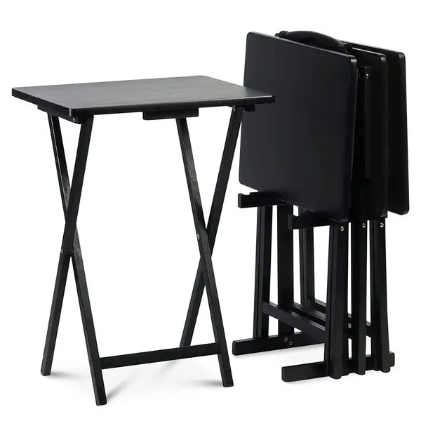 PJ Wood Multifunctional Rectangular Folding and Collapsible Solid Wood TV Tray Snack Tables with Compact Storage Rack, Set of 5, Black