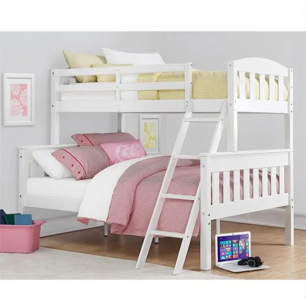 DHP Airlie Convertible Wood Bunk Bed, Stackable and Detachable Bed Frames for Kids and Teens, with Angled Ladder, High Guardrail, Wood Slats, No Boxspring Required, Twin-Over-Full, White
