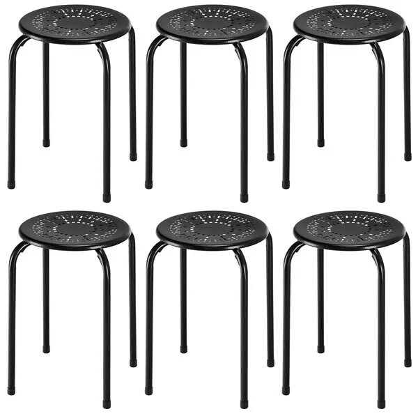 COSTWAY 6-Pack Steel Stack Stools, 17.5-Inch Height Portable Stackable Backless School Stools with Daisy Design, Round Classroom Decoration Stools Set of 6 for Kids Children Students, Black