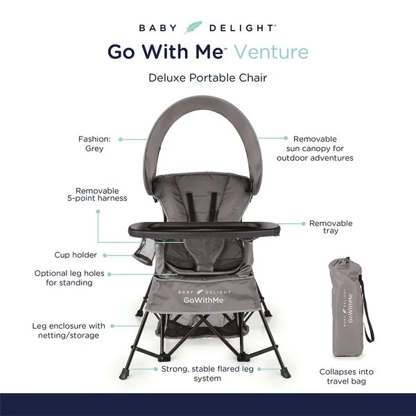 Baby Delight Go with Me Venture Portable Chair | Indoor and Outdoor | Sun Canopy | 3 Child Growth Stages | Grey
