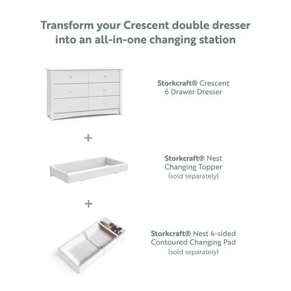 Storkcraft Crescent 6 Drawer Double Dresser (White) – GREENGUARD Gold Certified, Kids Dresser Drawer Organizer For Nursery, Chest of Drawers