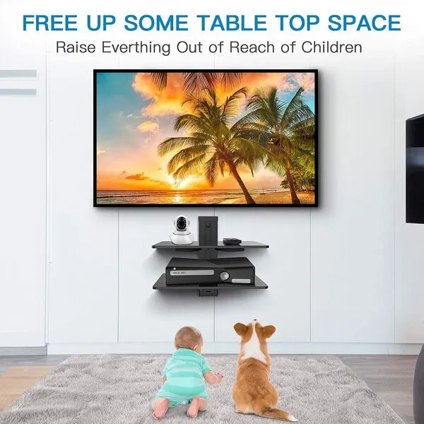 PERLESMITH Floating AV Shelf Double Wall Mount TV Shelf - Holds up to 17.6lbs - DVD DVR Component Shelf - Perfect for Xbox, Projector, WiFi Router, Game Console and Cable Box, PSDSK2