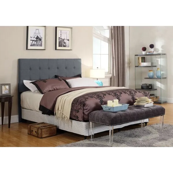 Container Furniture Direct Jackson Collection Modern Button Tufted Linen Fabric Upholstered Bedroom Headboard, Grey