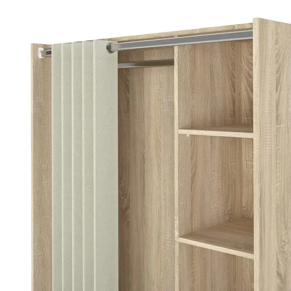 Tvilum Lola 3 Bin Curtain Storage Center, Oak Structure/Natural Fabric/Grey Textile
