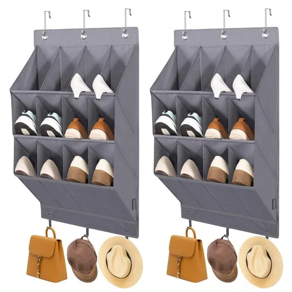STORAGE MANIAC 2 Pack Over the Door Shoe Organizer, Hanging Shoe Organizer, 12 Large Pockets Shoe Storage Rack Organizer for Closet and Dorm Narrow Door Shoe Storage, Grey