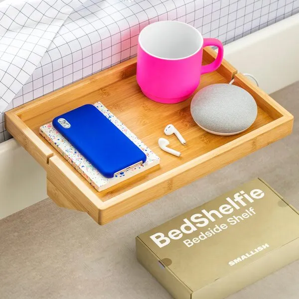 BedShelfie Bedside Shelf for Bunk Bed & Top Bunk, College Dorm Room Essentials, Loft Nightstand, Floating Bed Side Table Tray Storage, Dorm Room Decor, College Dorm Essentials - Original Natural Wood