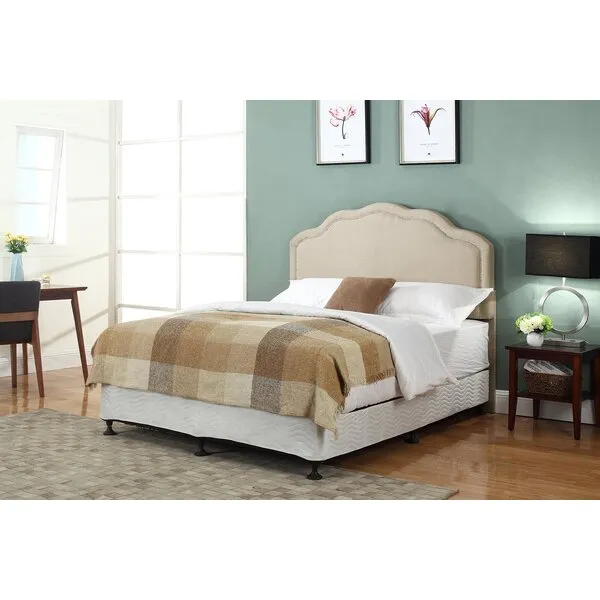Container Furniture Direct Palmer Collection Modern Linen Fabric Upholstered Bedroom Headboard with Nailhead Trim, Beige