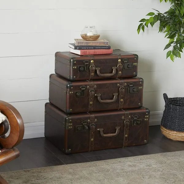 Deco 79 Vintage Leather Trunk, 18, 21, 23 Inches, Brown