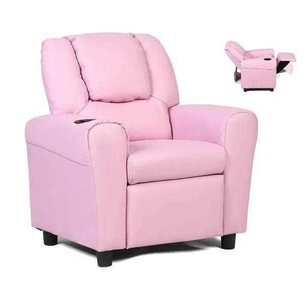 Costzon Kids Recliner Chair with Cup Holder, Toddler Room Furniture Children Armrest Sofa w/Headrest & Footrest for Girls Boys Baby Bedroom, PU Leather Couch (Pink)