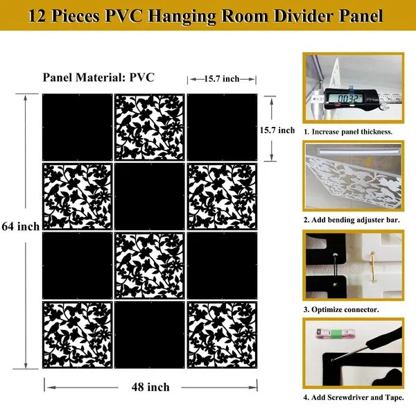Lchen Hanging Wall Divider,12pcs PVC Room Partition Screen Panel with Butterfly Flower Bird for Home,Office,Hotel,Bar Decoration(black02)