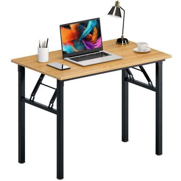 Need Folding Desk for Home Office 39-3/8\'\' Length Modern Folding Table Computer Desk No Install Needed Teak Color Desktop Black Frame, AC5BB(10060)