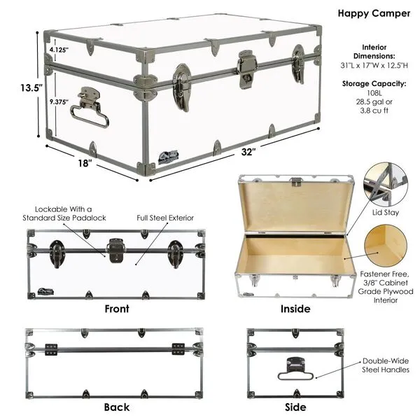 C&N Footlockers - Full-Size Happy Camper Trunk w/Wheels - #1 Summer Camp Trunk - Made in the USA - Steel Footlocker with Lid Stay - 32 x 18 x 13.5 Inches (Mint)
