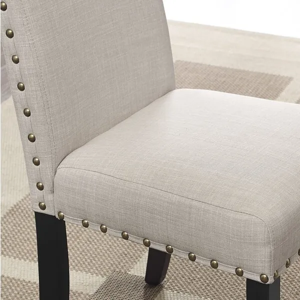Roundhill Furniture Biony Tan Fabric Dining Chairs with Nailhead Trim, Set of 2, Brown, Tan
