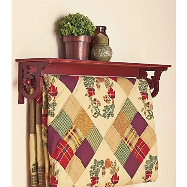 TRM Wood Wooden Quilt Rack Wall Mount 1 tier Shelf Scroll Walnut Finish
