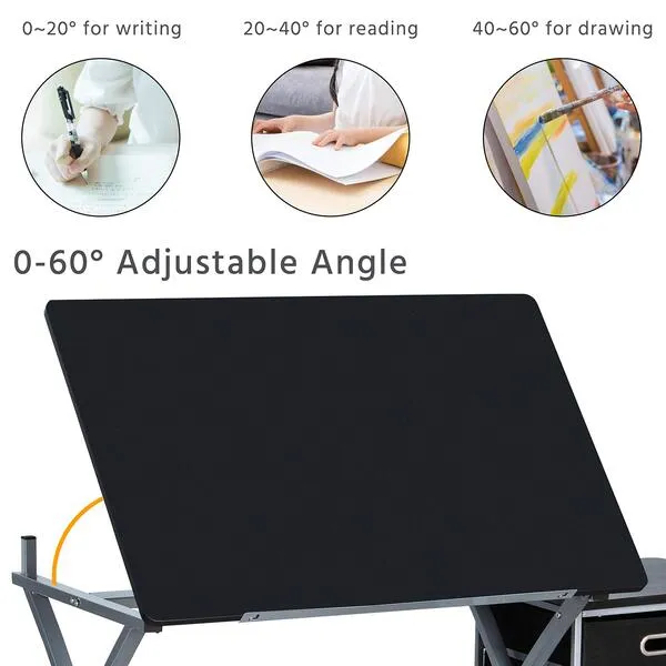 Yaheetech Drafting Desk, Drawing Table for Artists/Adults, Art Desk w/Stool and 3 Slide Drawers, Painting Studio Design Work Station, Adjustable Tabletop, Modern, 50.5 x 24 x 45 inch