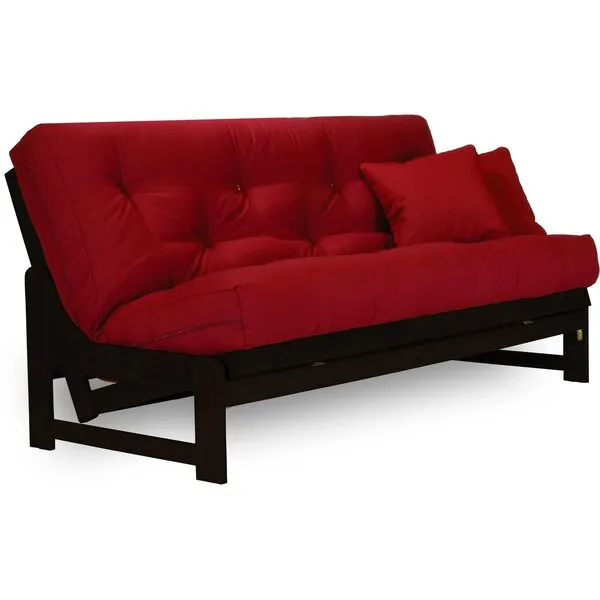 Arden Dark Espresso (Near Black) Futon Set Queen Size - Armless Futon Frame with Mattress Included (Twill Red), Space Saving Modern Sofa Bed Sleeper