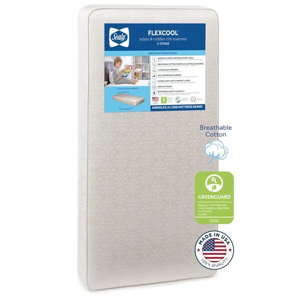 Sealy Baby Flex Cool Breathable Hypoallergenic 2-Stage Dual Firm Waterproof Baby Crib Mattress & Toddler Bed Mattress, Cotton Cover, 204 Premium Coils, Air Quality Certified, Made in USA, 52