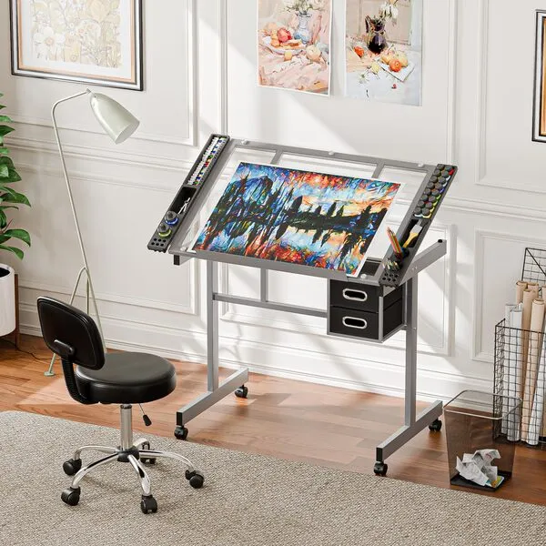 ZENY Drafting Table, 41.2\'\'W x 24\'\'D Glass Top Adjustable Craft Table Drawng Desk Artist Hobby Table Writing Desk with Wheels