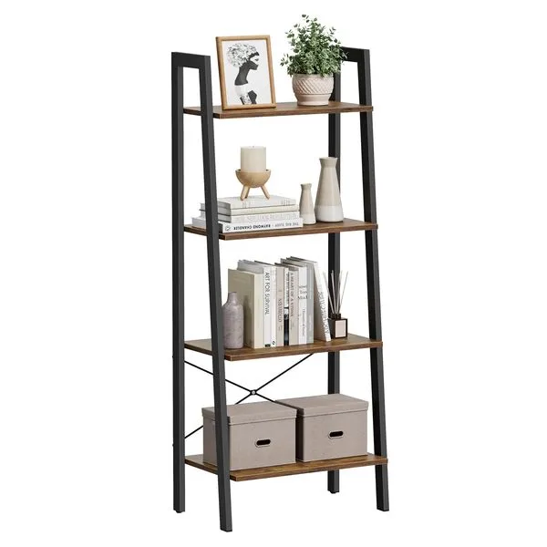 VASAGLE Ladder Shelf, 4-Tier Bookshelf, Storage Rack, Bookcase with Steel Frame, for Living Room, Home Office, Kitchen, Bedroom, Industrial Style, Rustic Brown and Black ULLS44X