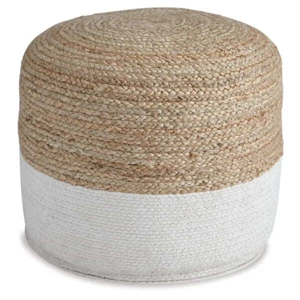 Signature Design by Ashley Sweed Valley Jute & Cotton Pouf, 19 x 19 Inches, Beige & White