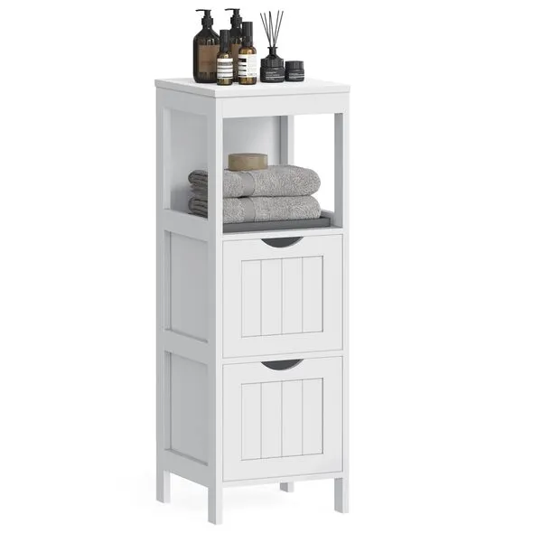 VASAGLE Bathroom Floor Cabinet, Bathroom Storage Organizer Rack Stand, Multifunctional Corner Unit, 2 Drawers, 35 Inches in Height, White UBBC42WT