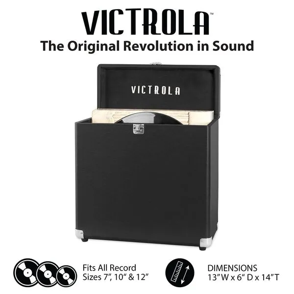 Victrola Vintage Vinyl Record Storage and Carrying Case, Fits all Standard Records - 33 1/3, 45 and 78 RPM, Holds 30 Albums, Perfect for your Treasured Record Collection, Black