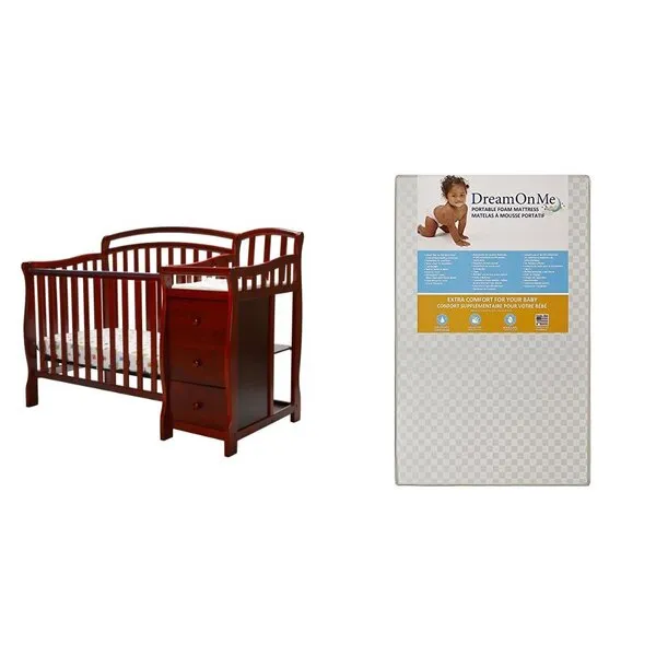 Dream On Me Casco 4 in 1 Mini Crib and Dressing Table Combo with Dream On Me 3 Portable Crib Mattress, White
