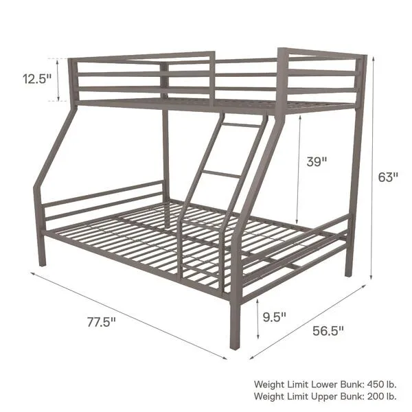 Novogratz Maxwell Metal Bunk Bed Frame for Kids and Teens, with Angled Ladder, High Guardrail and Metal Slats, No Boxspring Required, Underbed Storage Space, Twin-Over-Full, Gray