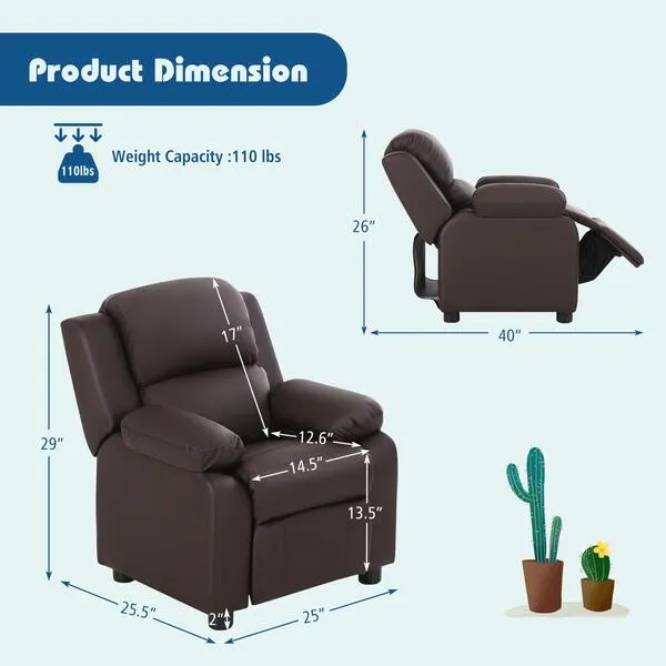 Costzon Kids Recliner, Leather Recliner Chair w/Footrest, Armrest Storage, Headrest & Lumbar Support, Ergonomic Lounge Chair for Living & Gaming Room, Adjustable Recliner Sofa for Boys Girls (Brown)