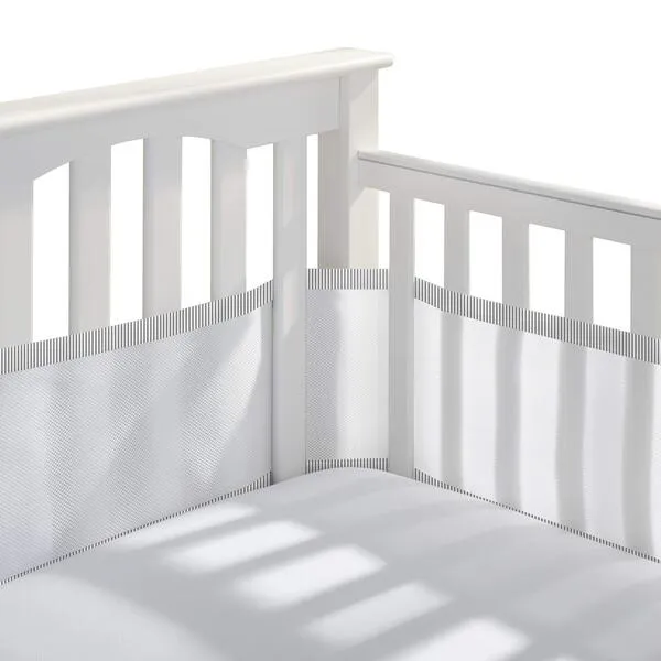 BreathableBaby Breathable Mesh Liner for Full-Size Cribs, Classic 3mm Mesh, Gray Seersucker (Size 4FS Covers 3 or 4 Sides)