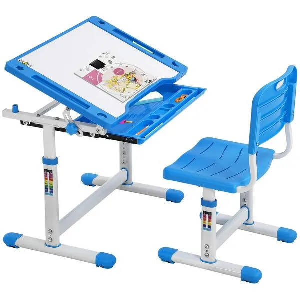FDW Kids Desk and Chair Set, Height Adjustable Multifunctional Student Study Desk Kids Art Table Children's Chair Set with Storage Drawer 45°Tilted Desktop for Boys&Girls,Blue