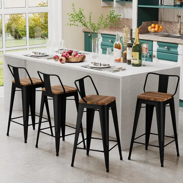 Andeworld Metal Bar Stools Set of 4 Kitchen Counter Stools Bristro Barstools Industrial Bar Stools (24 Inch, Black with Wooden Seats)