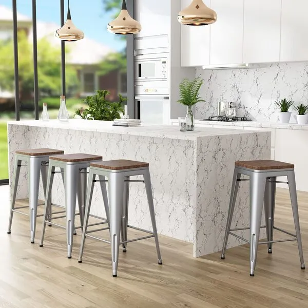 Andeworld Bar Stools Set of 4 Stackable Metal Bar Stools Industrial Counter Height Stools Backless Barstools with Wooden Seats (26 inch, Silver with Wooden Seats)