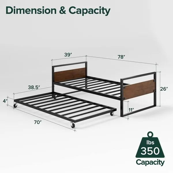 Zinus Ironline Trundle Daybed Set, Twin, Chestnut Brown