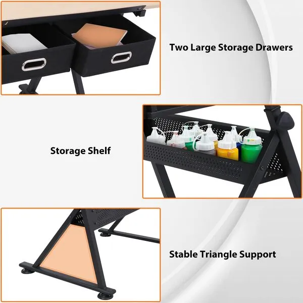 BBBuy Drafting Table Drawing Desk Art&Craft Work Station Height Adjustable Tilting Tabletop Craft Table Desk w/Stool and 2 Storage Drawers for Home Office Study Room, Natural