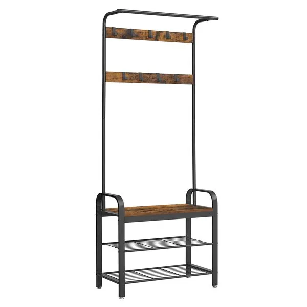VASAGLE Coat Rack, Hall Tree with Shoe Bench for Entryway, Entryway Bench with Coat Rack, 4-in-1, with 9 Removable Hooks, a Hanging Rod, 13.3 x 28.3 x 72.1 Inches, Rustic Brown and Black UHSR40B