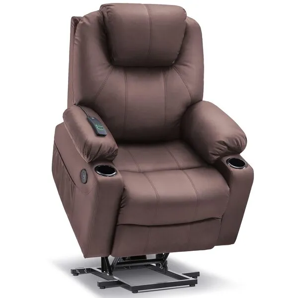 MCombo Electric Power Lift Recliner Chair Sofa with Massage and Heat for Elderly, 3 Positions, 2 Side Pockets, and Cup Holders, USB Ports, Faux Leather 7040 (Medium, Light Brown)