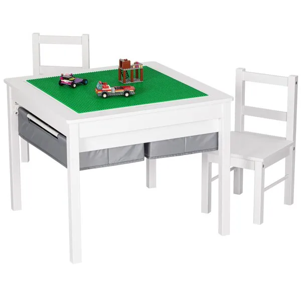 UTEX Wooden 2 in 1 Kids Construction Play Table and 2 Chairs Set with Storage Drawers, and Built in Plate Compatible with Lego and Duplo Bricks (White with Grey Drawers)