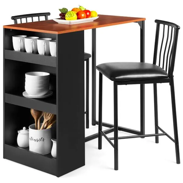 Best Choice Products 3-Piece 36in Wooden Counter Height Dining Table Set for Kitchen, Dining Room w/Storage Shelves, Metal Frame, 2 Barstools - Espresso