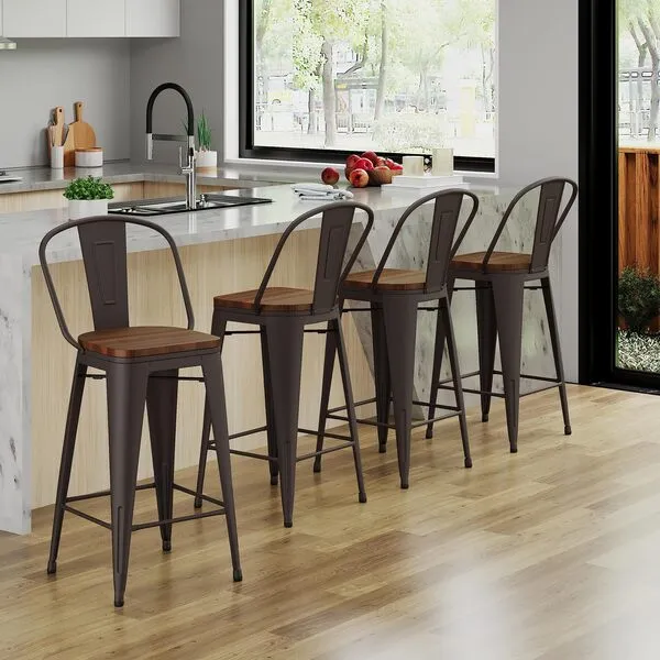 Andeworld Metal Bar Stools Counter Height Stools Dining Chairs High Back Industrial Barstools Set of 4 (26inch,Rusty)