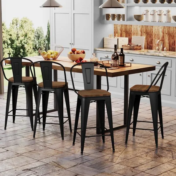 Andeworld Metal Bar Stools Counter Height Stools Dining Chairs High Back Industrial Barstools Set of 4 (26inch,Black)