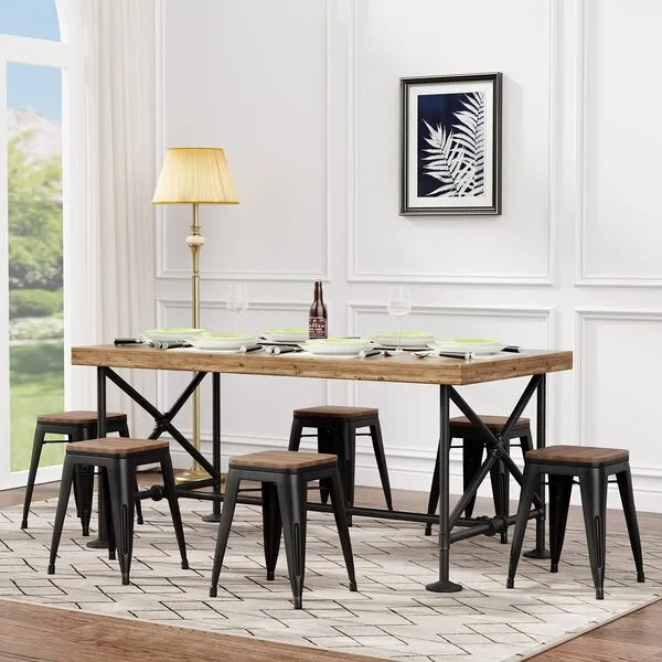 Andeworld 18 Inch Stools Set of 4,Industrial Metal Dining Chair with Wooden Seat,Short Kitchen Bar Stools Stackable Stools for School,Classroom, Matte Black