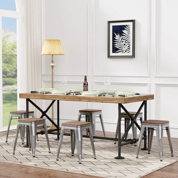 Andeworld 18 Inch Stools Set of 4,Industrial Metal Dining Chair with Wooden Seat,Short Kitchen Bar Stools Stackable for School,Classroom,Silver