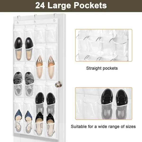 Bofoho Over The Door Shoe Organizer - Space Saving Shoe Rack for Closet Door with 24 Pockets and Hook, Shoe Holder Back of Door Organizers for Shoes, Hanging Shoe Organizer (white)