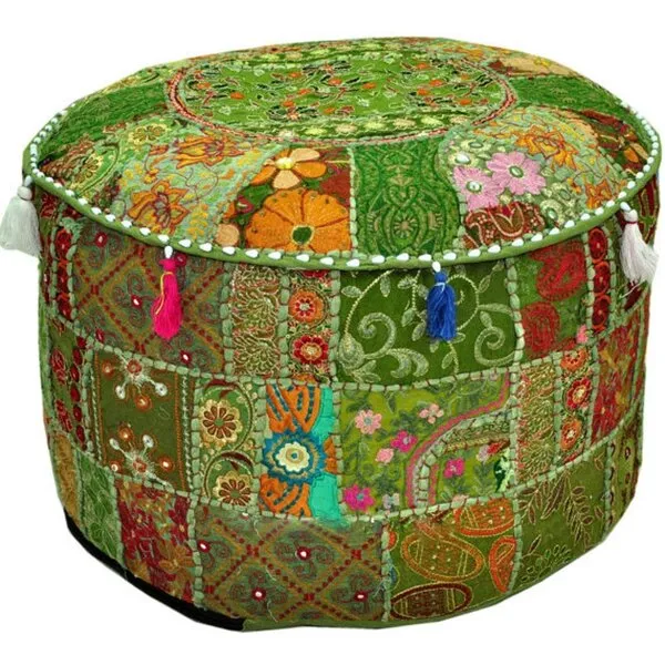 Aakriti Gallery Indian Pouf Footstool Ethnic Embroidered Pouf Cover, Indian Cotton Round Pouffe Ottoman Pouf Cover Pillow Ethnic Decor Art - Cover Only (Green, 22x14)