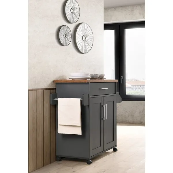 Hodedah Kitchen Island with Spice Rack, Towel Rack & Drawer, Grey with Oak Top