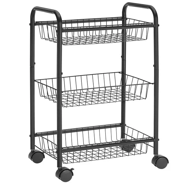 SONGMICS 3-Tier Metal Rolling Cart on Wheels with Baskets, Lockable Utility Trolley with Handles for Kitchen Bathroom Closet, Storage with Removable Shelves, Black UBSC03BK